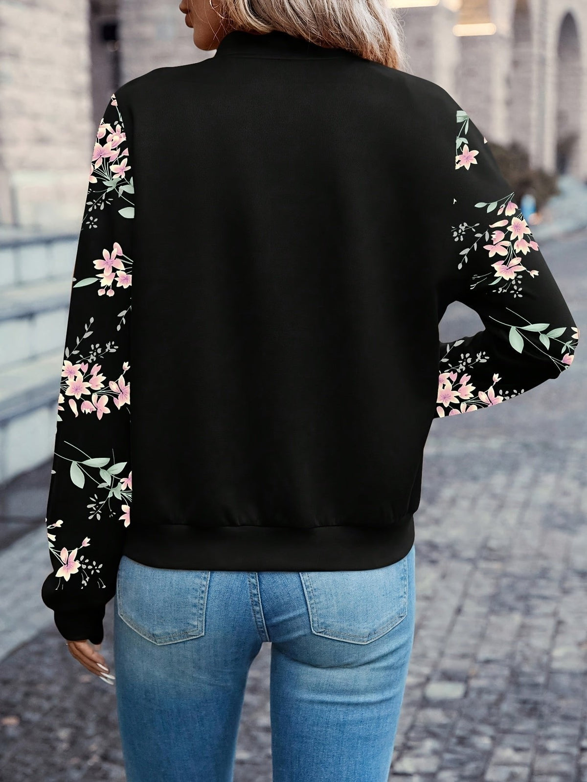 Women's Charming Floral-Sleeve Bomber Jacket — photo 3
