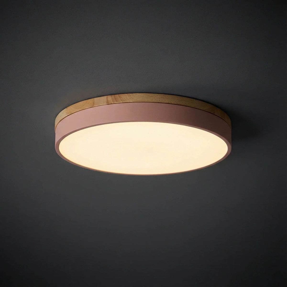 Round Ceiling Light – Wood Trim, Flush Mounted, Dimmable Remote — photo 1