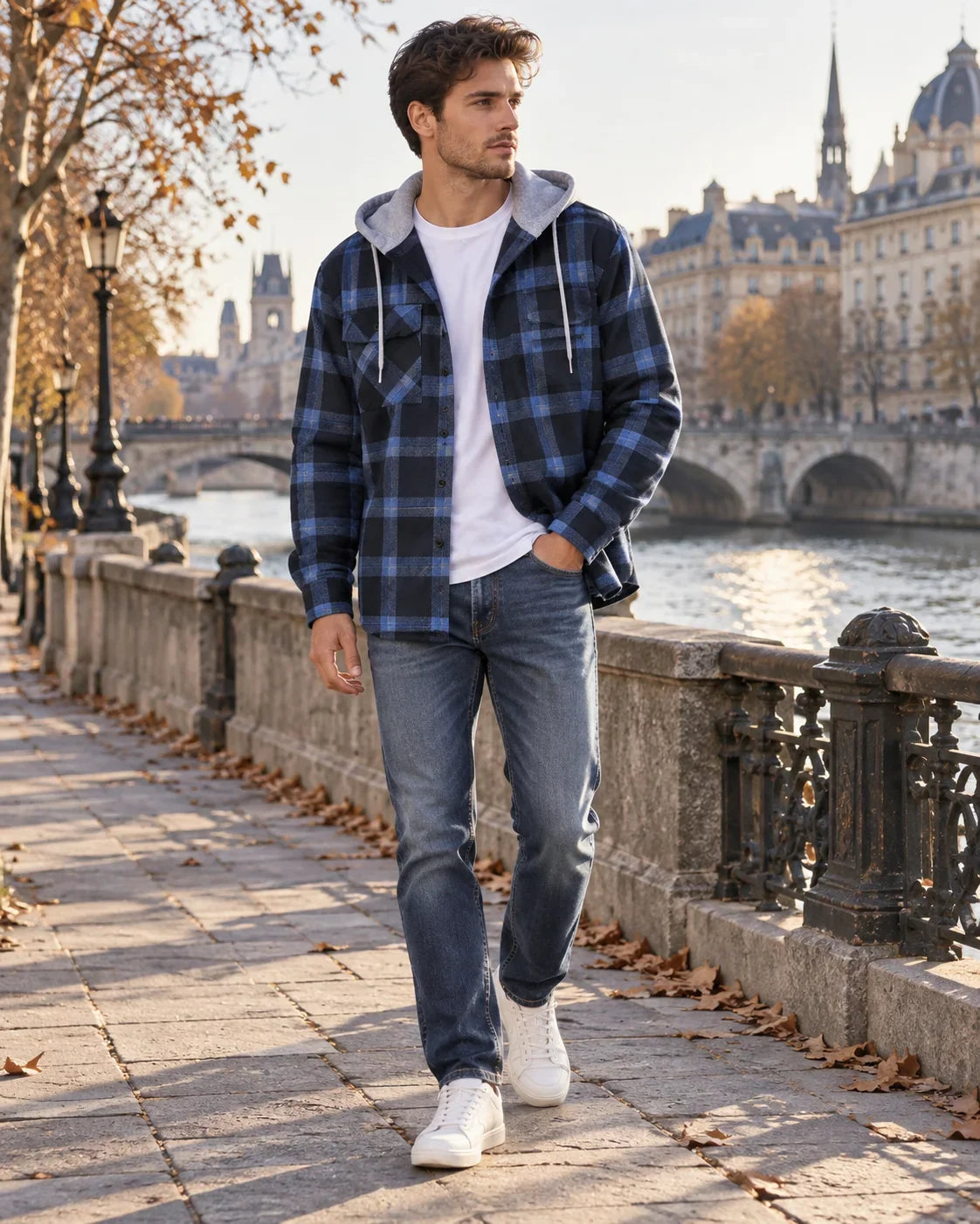 Men's Checked Flannel Shirt with Integrated Hood — photo 2