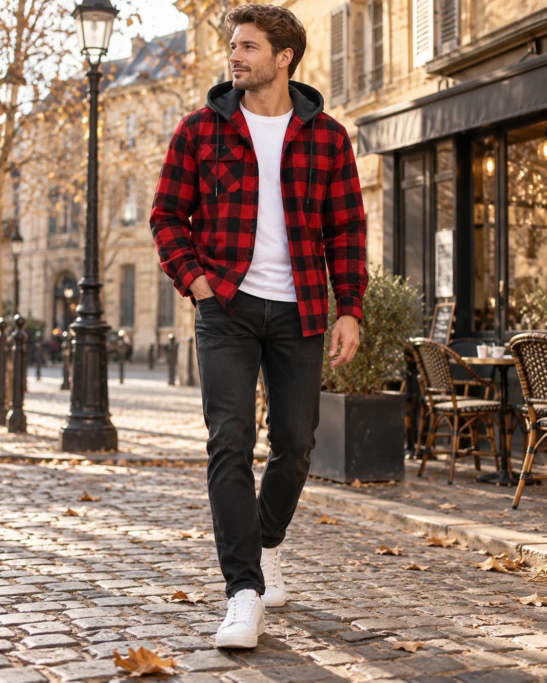 Men's Checked Flannel Shirt with Integrated Hood — photo 4