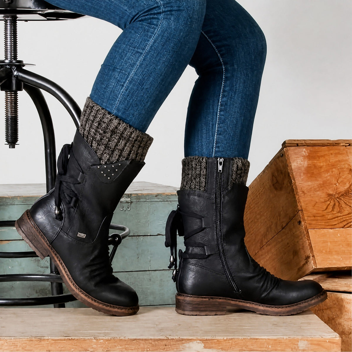 Sophie - Women's Knitted Cuff Ankle Boots with Lace-Up Detail — photo 2