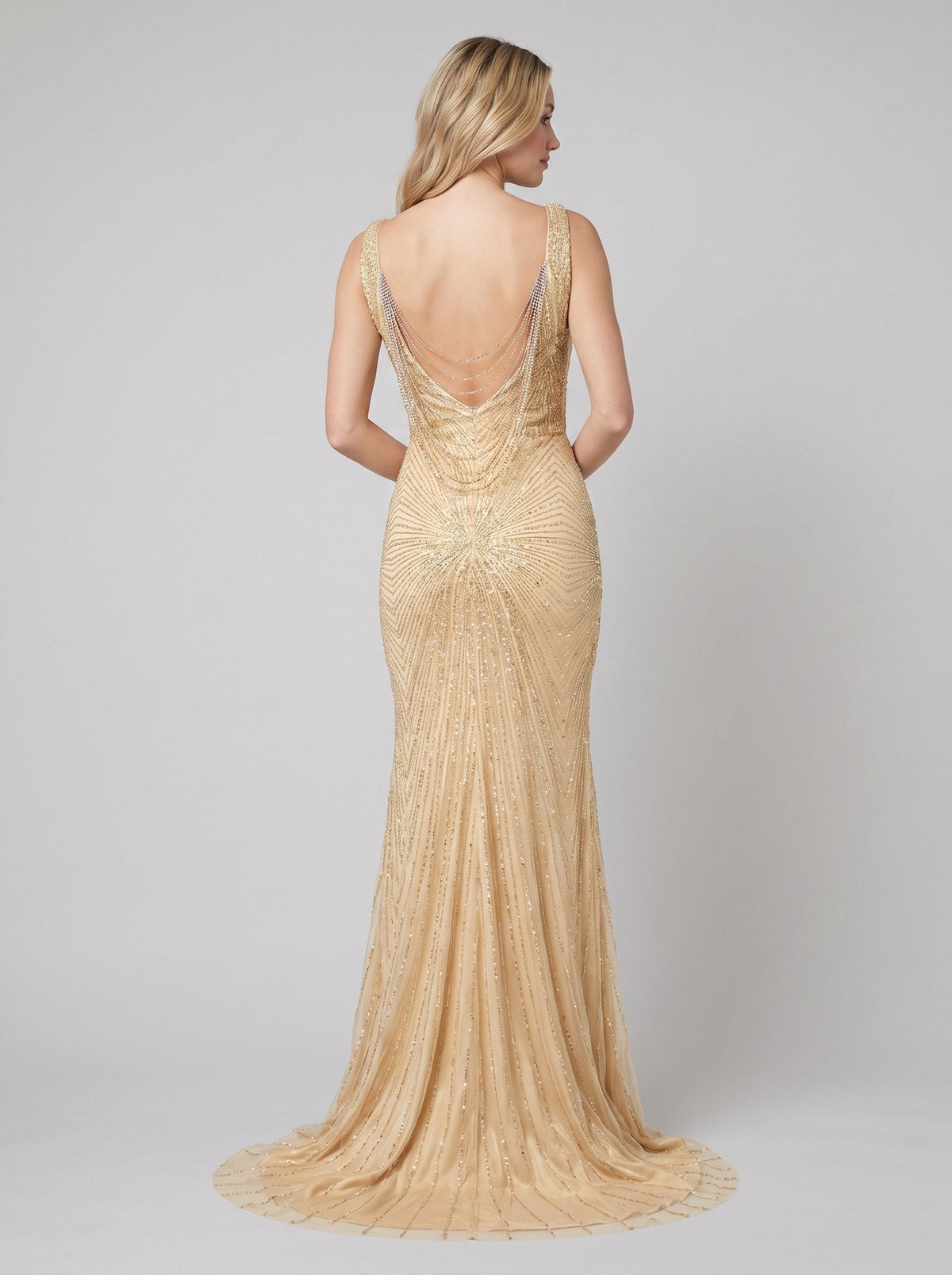 Women's Beaded Fit and Flare Evening Gown | Sleeveless Deep V-Neck Formal Christmas Party Dress | Full Length Lined Maxi — photo 4