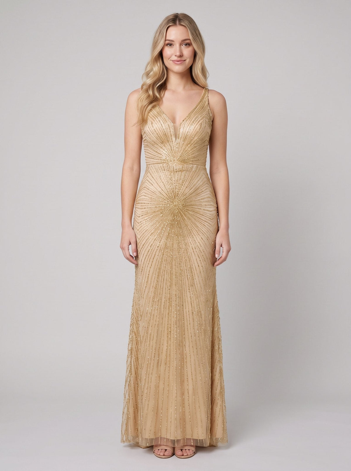 Women's Beaded Fit and Flare Evening Gown | Sleeveless Deep V-Neck Formal Christmas Party Dress | Full Length Lined Maxi — photo 1