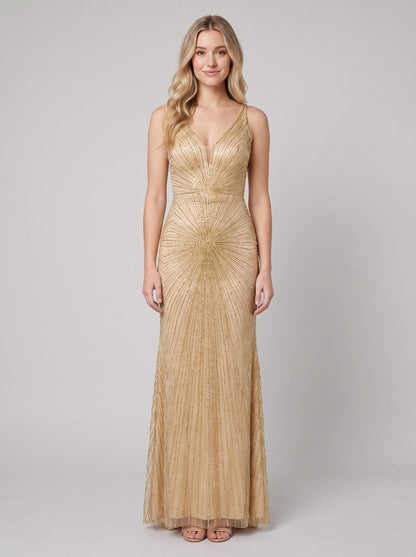 Women's Beaded Fit and Flare Evening Gown | Sleeveless Deep V-Neck Formal Christmas Party Dress | Full Length Lined Maxi — photo 1