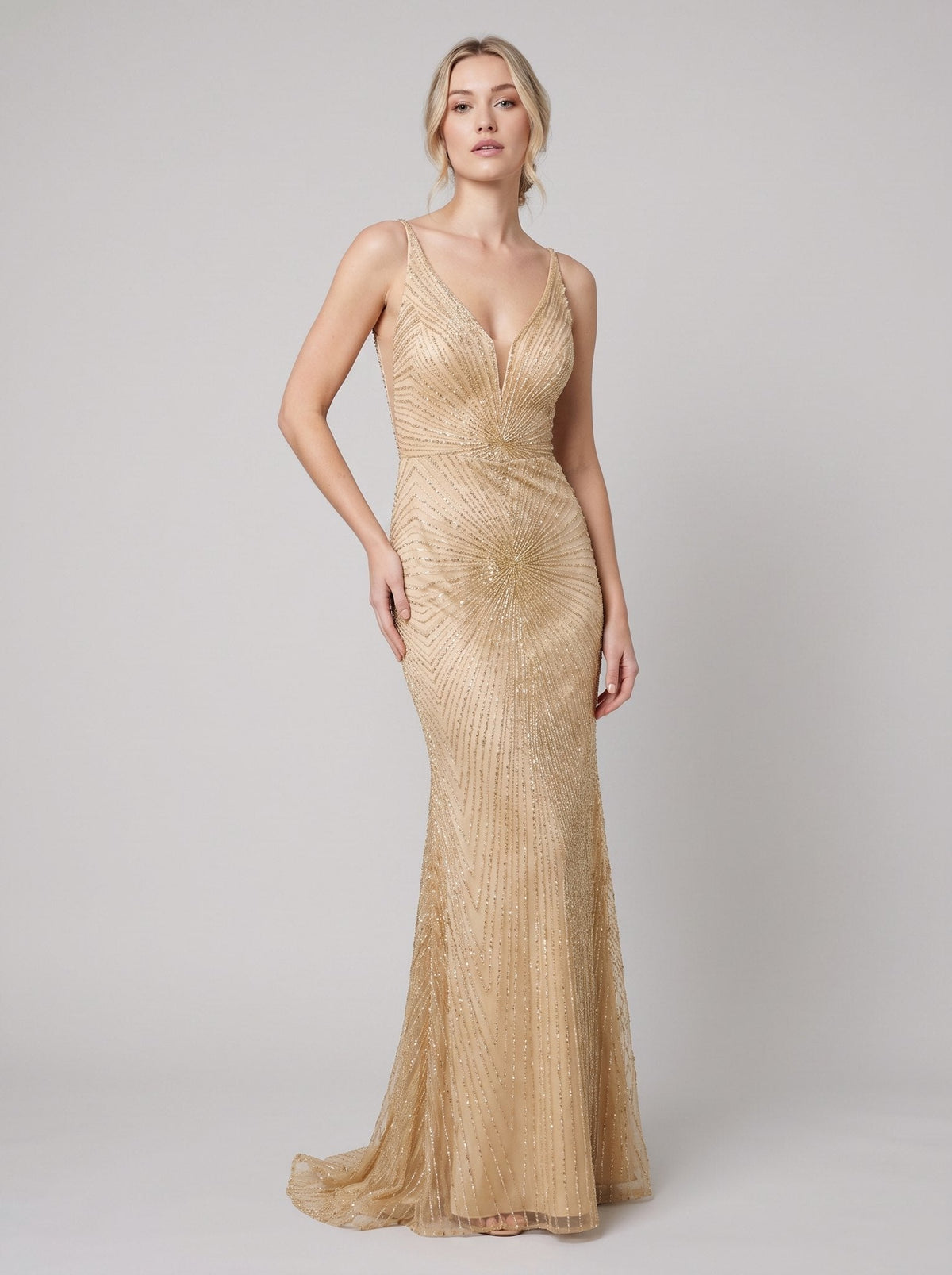 Women's Beaded Fit and Flare Evening Gown | Sleeveless Deep V-Neck Formal Christmas Party Dress | Full Length Lined Maxi — photo 2