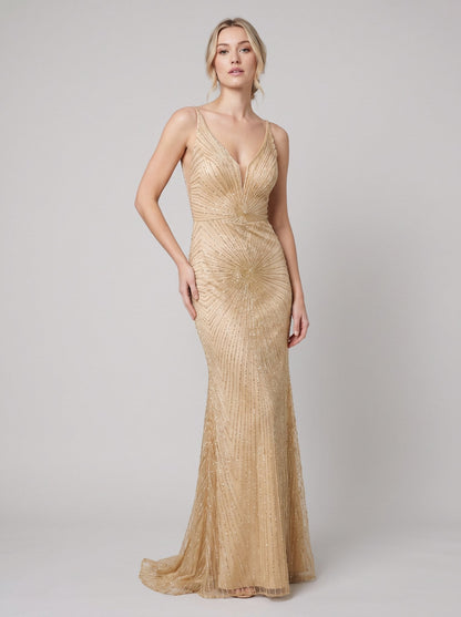 Women's Beaded Fit and Flare Evening Gown | Sleeveless Deep V-Neck Formal Christmas Party Dress | Full Length Lined Maxi — photo 2