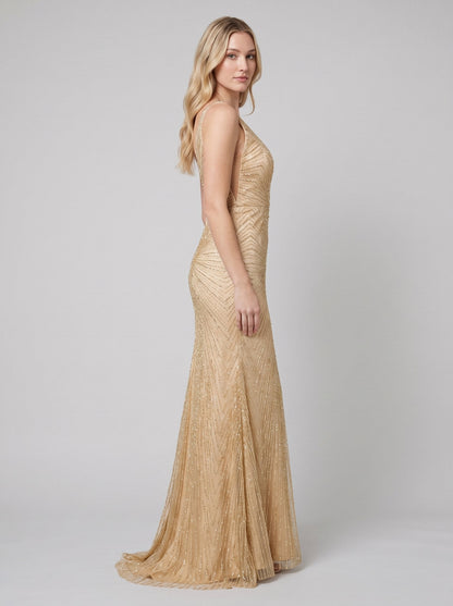 Women's Beaded Fit and Flare Evening Gown | Sleeveless Deep V-Neck Formal Christmas Party Dress | Full Length Lined Maxi — photo 3