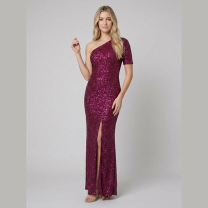 Women's Sequin One-Shoulder Maxi Dress | Fitted Christmas Party Evening Gown with Side Slit | Floor-Length Formal Wear — photo 2