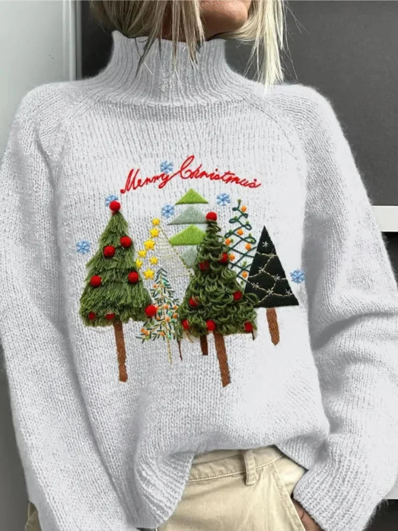 Women's Christmas Sweater with Embroidered Trees | Lightweight Turtleneck Holiday Knitwear | Soft Festive Pullover — photo 1