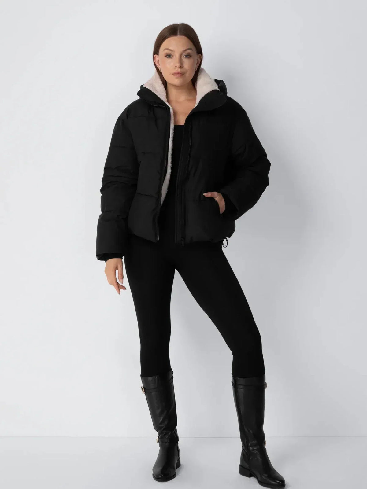 Women's Cropped Padded Puffer Jacket with Detachable Hood and Fleece Lining — photo 13