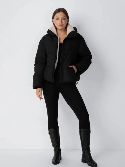 Women's Cropped Padded Puffer Jacket with Detachable Hood and Fleece Lining — photo 13