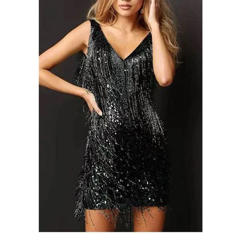 Fringe V-Neck Bodycon Mini Glitter Tassel Sleeveless Sequin Dress — photo 8