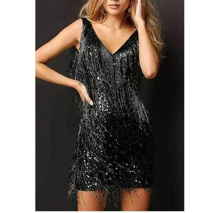 Fringe V-Neck Bodycon Mini Glitter Tassel Sleeveless Sequin Dress — photo 8