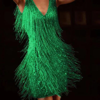 Fringe V-Neck Bodycon Mini Glitter Tassel Sleeveless Sequin Dress — photo 5