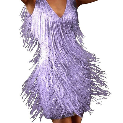 Fringe V-Neck Bodycon Mini Glitter Tassel Sleeveless Sequin Dress — photo 4
