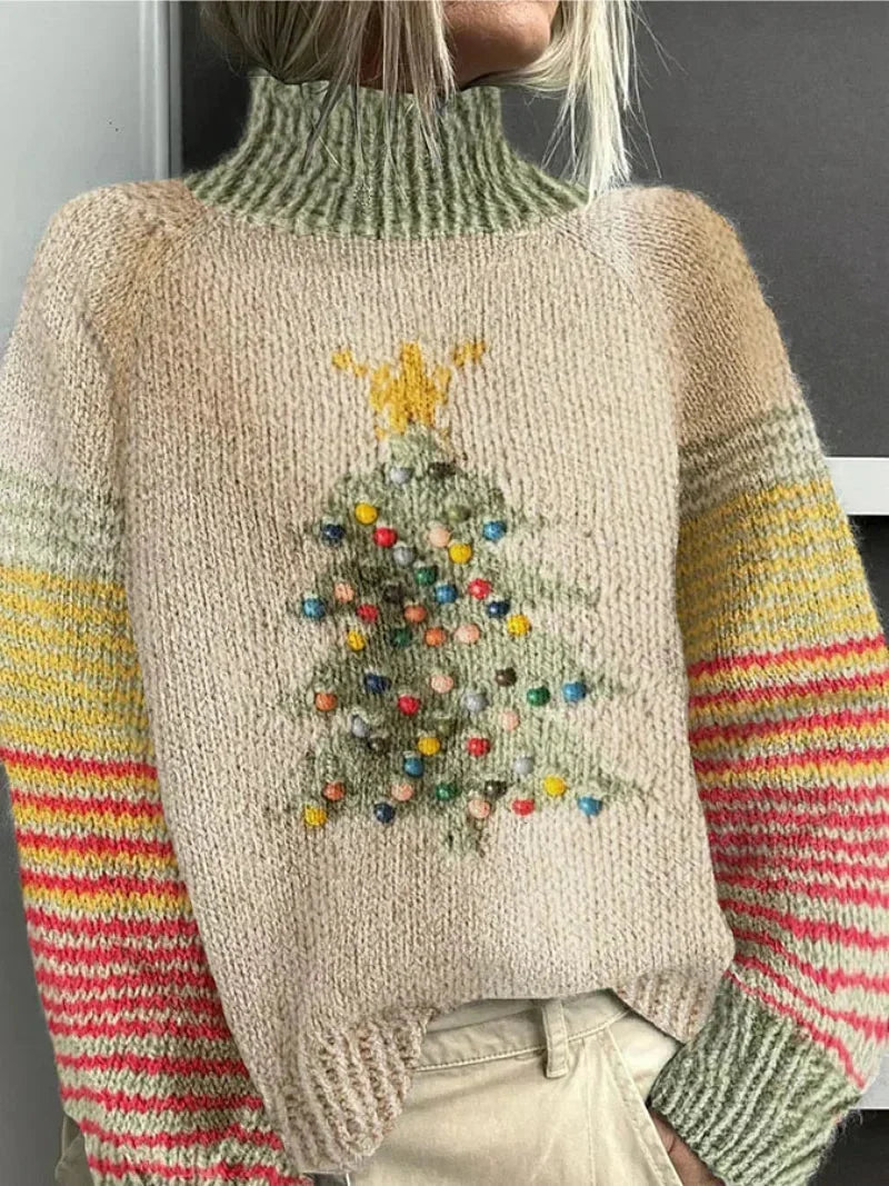 Women's Christmas Tree Jumper with Striped Sleeves and Roll Neck | Festive Knitwear Sweater for Seasonal Parties and Events — photo 1