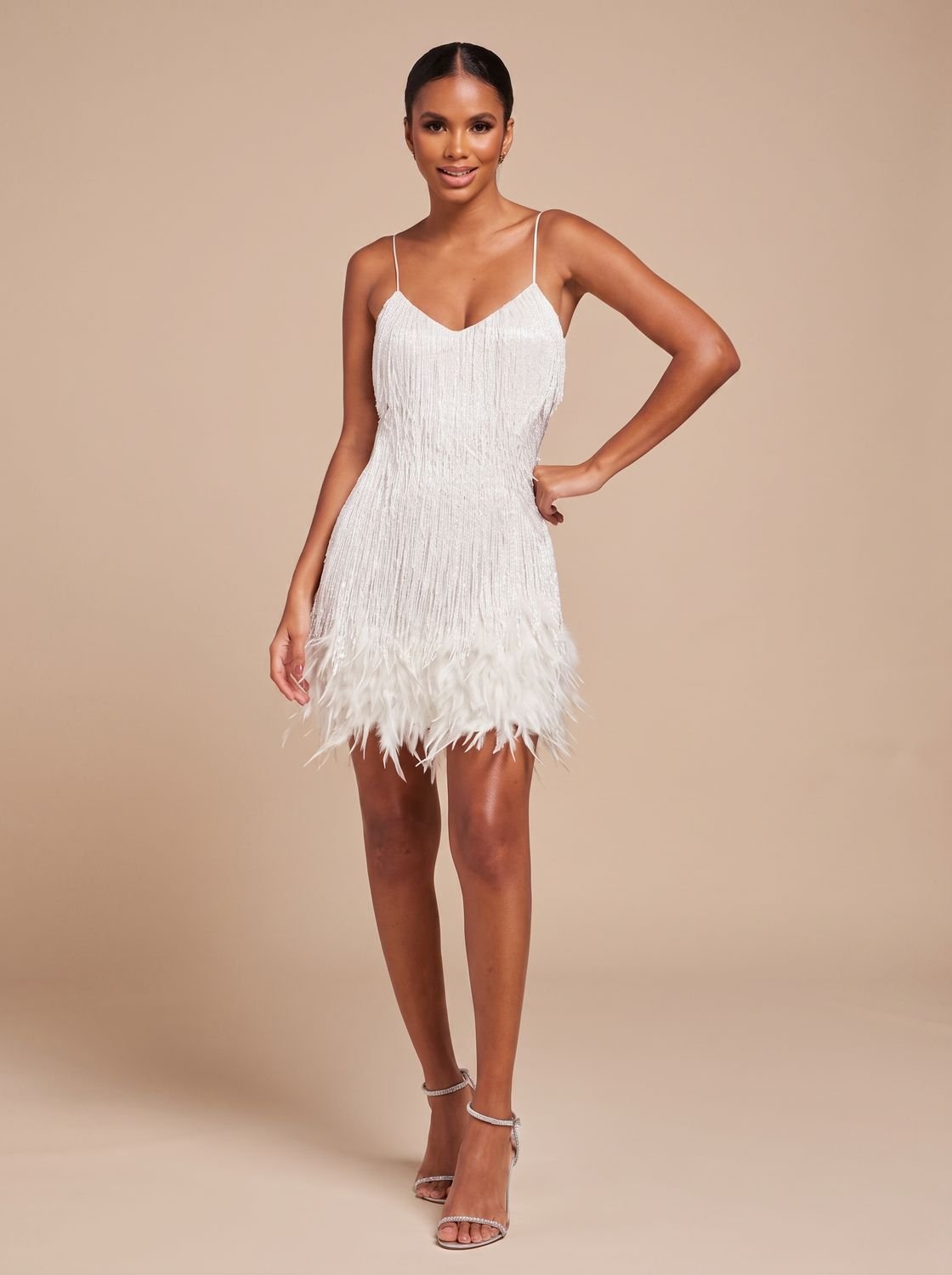 Women's Fringe Mini Dress with Feather Trim Hem | V-Neck Spaghetti Strap Cocktail Party Dress for Holiday and Evening Wear — photo 1
