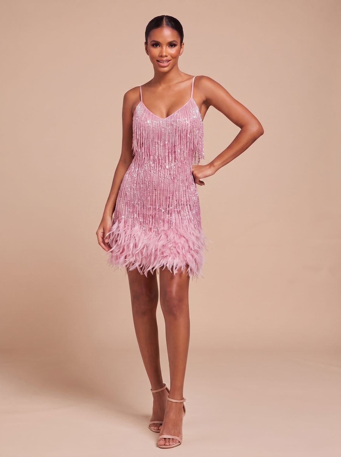 Women's Fringe Mini Dress with Feather Trim Hem | V-Neck Spaghetti Strap Cocktail Party Dress for Holiday and Evening Wear — photo 10