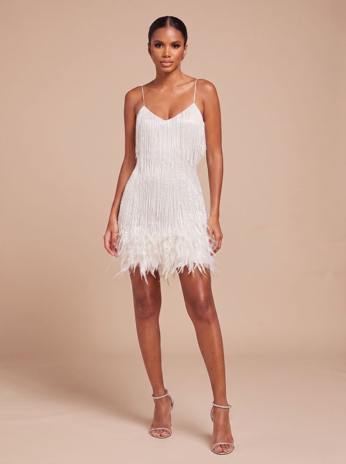 Women's Fringe Mini Dress with Feather Trim Hem | V-Neck Spaghetti Strap Cocktail Party Dress for Holiday and Evening Wear — photo 2