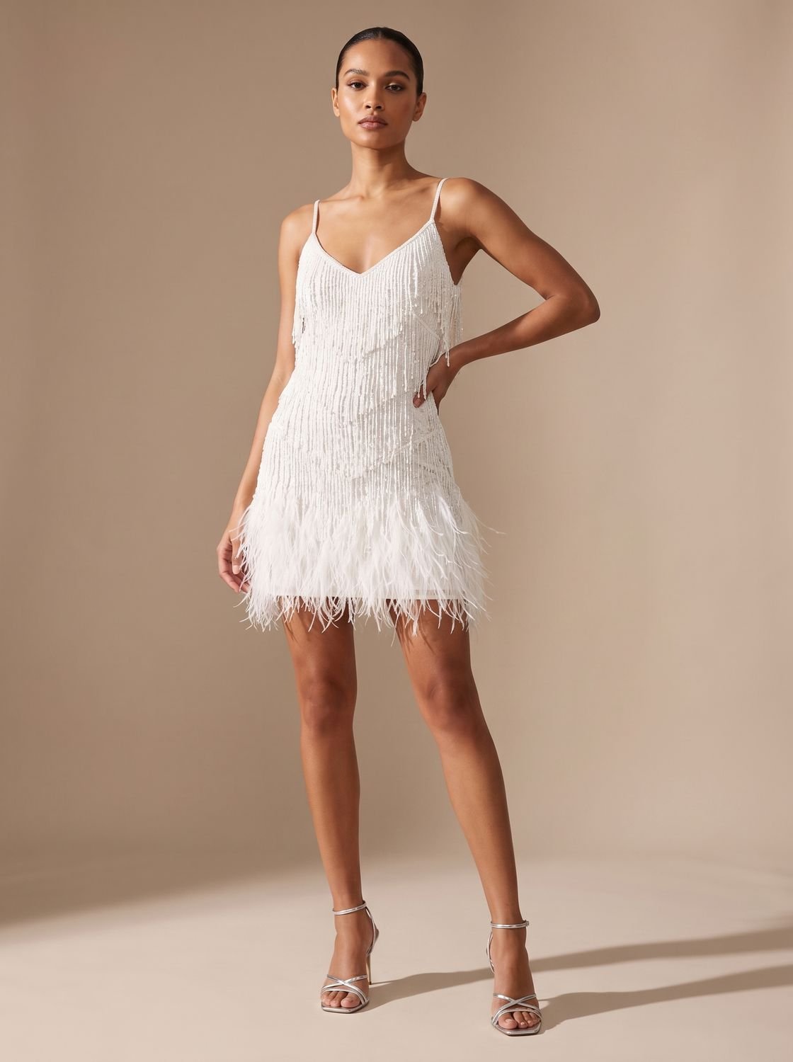 Women's Fringe Mini Dress with Feather Trim Hem | V-Neck Spaghetti Strap Cocktail Party Dress for Holiday and Evening Wear — photo 3