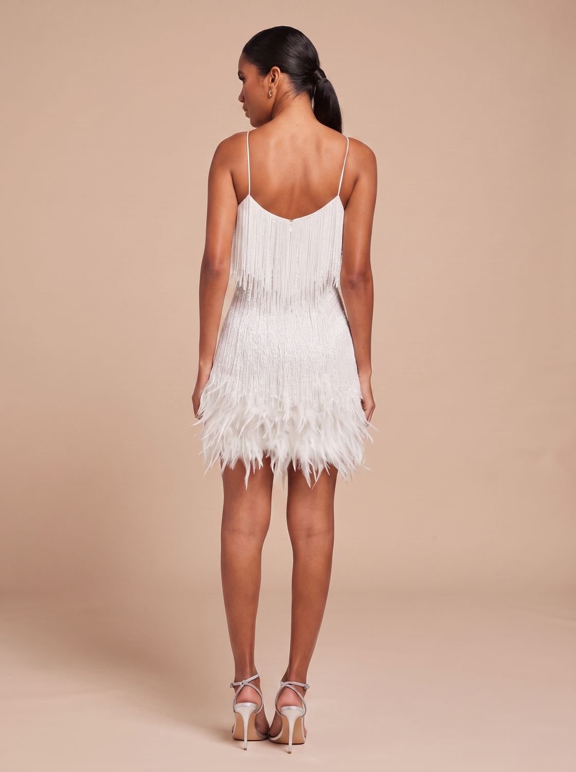 Women's Fringe Mini Dress with Feather Trim Hem | V-Neck Spaghetti Strap Cocktail Party Dress for Holiday and Evening Wear — photo 5