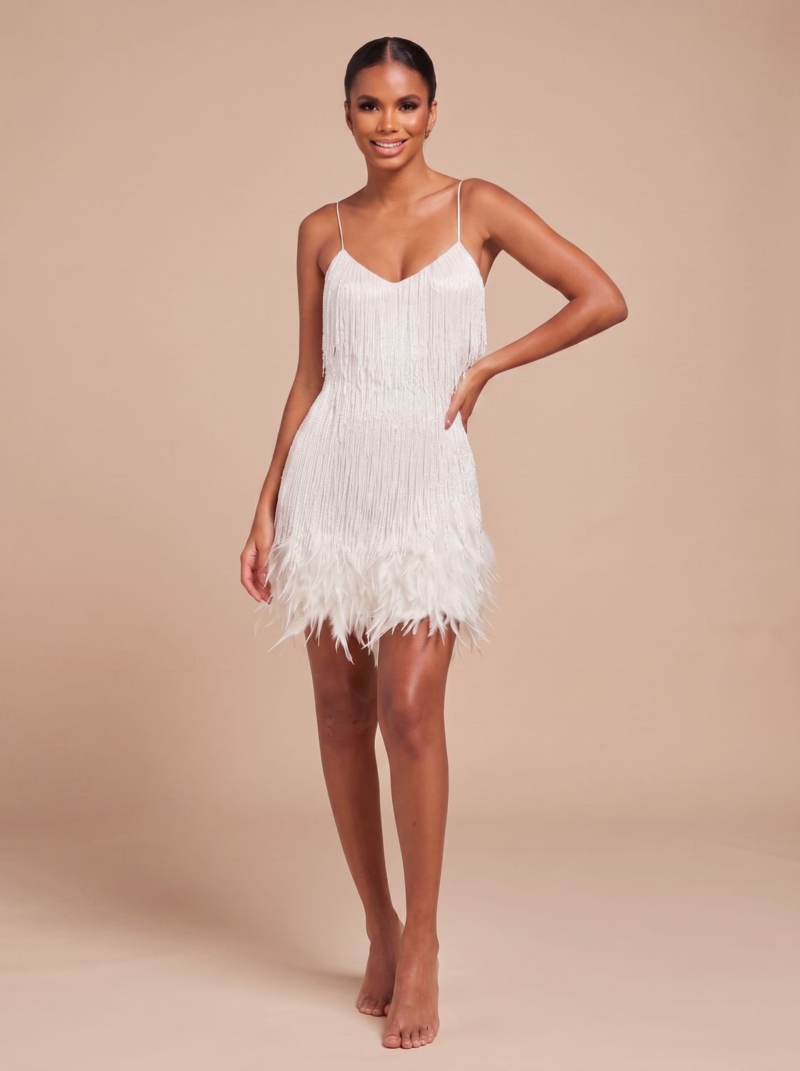 Women's Fringe Mini Dress with Feather Trim Hem | V-Neck Spaghetti Strap Cocktail Party Dress for Holiday and Evening Wear — photo 6
