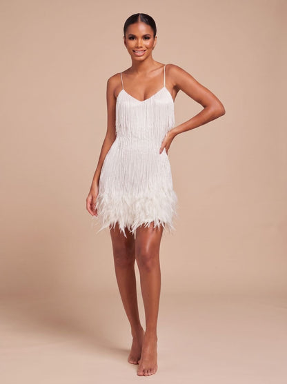 Women's Fringe Mini Dress with Feather Trim Hem | V-Neck Spaghetti Strap Cocktail Party Dress for Holiday and Evening Wear — photo 6