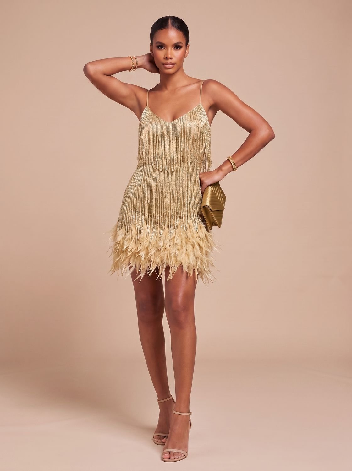 Women's Fringe Mini Dress with Feather Trim Hem | V-Neck Spaghetti Strap Cocktail Party Dress for Holiday and Evening Wear — photo 7