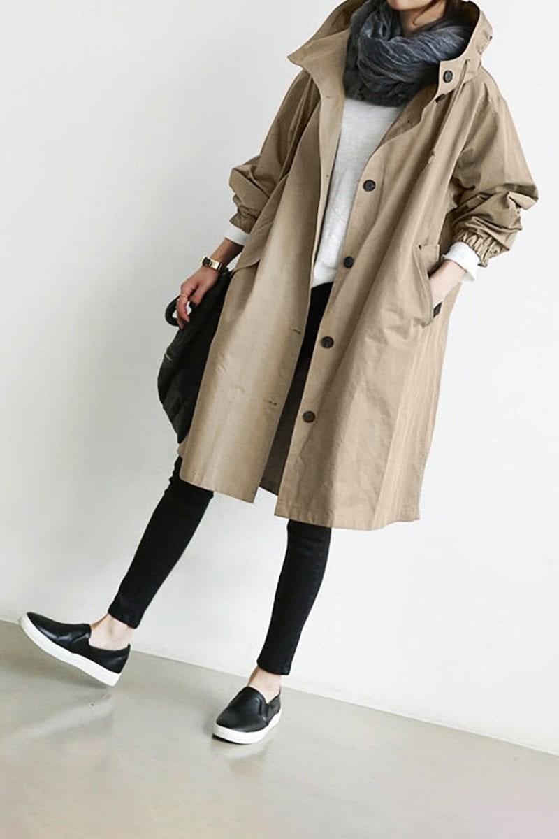 Women's Lightweight Trench Coat with Hood and Drawstring Waist — photo 7