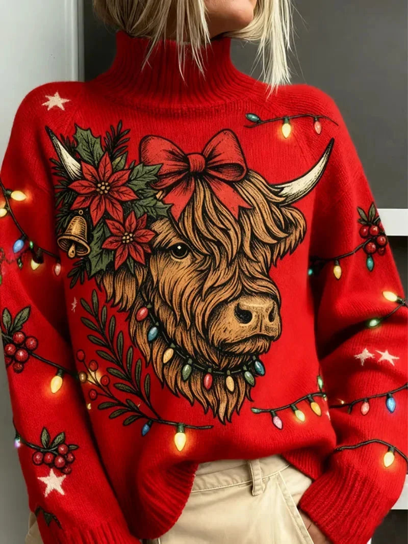 Women's Highland Cow Christmas Jumper | Knitted Roll Neck Festive Sweater | Novelty Holiday Knitwear | Long Sleeve Winter Top — photo 1